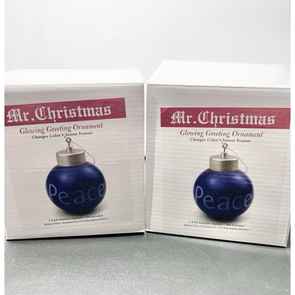 2 Mr. Christmas Glowing Peace Ornament Blue Color Changing‎ NIB Opened To Test